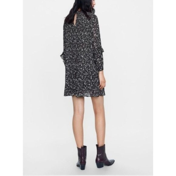 Zara Basic Black & White Floral Pleated Mini Dress Long Sleeves XS - Picture 2 of 15